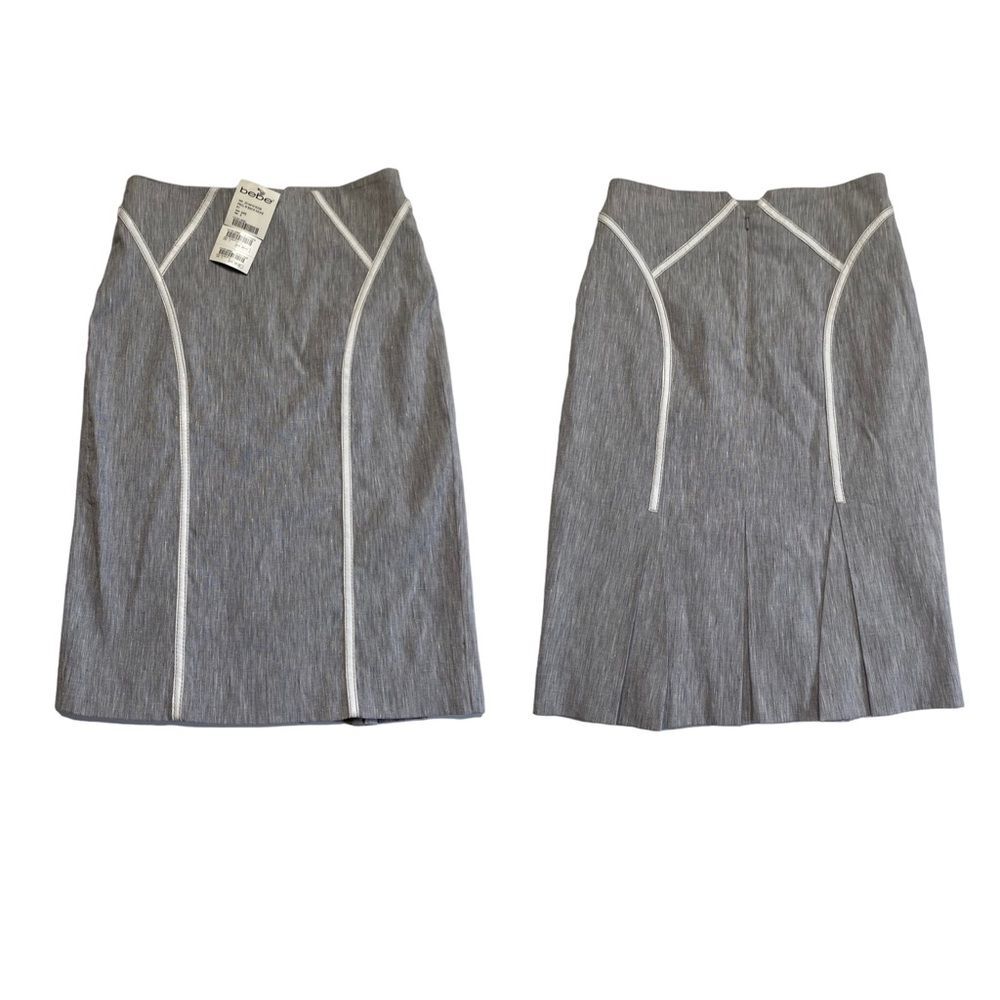 Bebe Linen Blend Faux Leather Trim Back Pleated Skirt Gray Career Office NWT 0